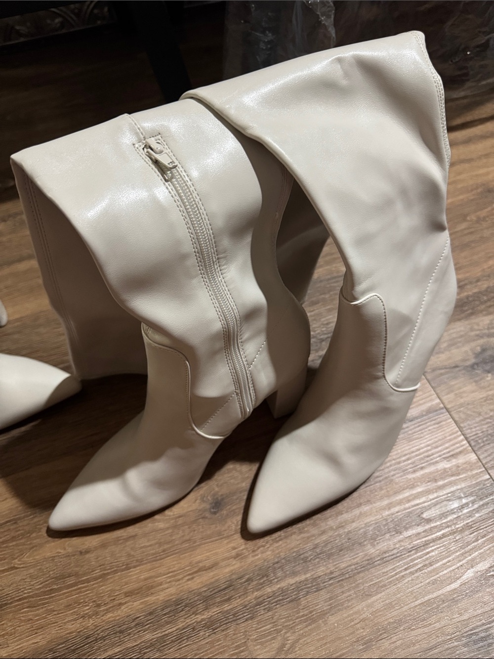 Cream Pointed-Toe Mid-Calf Boots